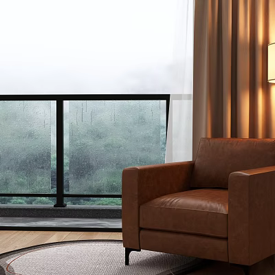 Brown Leather Single Sofa With Rainy Window View And Wooden Floor 3d model