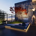 Serene Japanese Courtyard Garden With Red Maple Tree Stone Wall Water Fountain And Ambient Lighting