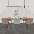 Modern Dining Table Set With Brown Gray Chairs Striped Wall And Arched Lighting 3d model