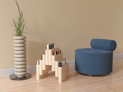 Stylish Blue Single Sofa Interior With Green Plant Beige Spiral Vase And Step Like Bookshelf 3d model