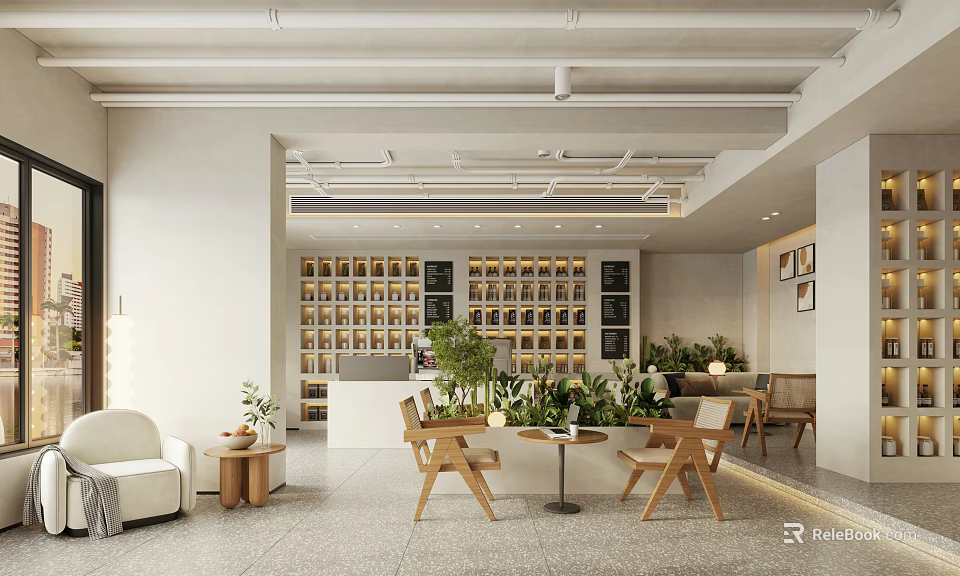 Modern Café Interior With Wooden Tables Green Plants And Coffee Display Shelves 3d model 
