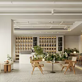 Modern Café Interior With Wooden Tables Green Plants And Coffee Display Shelves