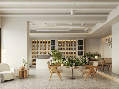 Modern Café Interior With Wooden Tables Green Plants And Coffee Display Shelves 3d model