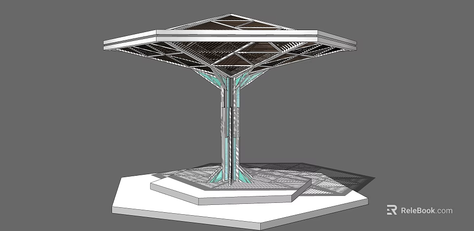 Hexagonal Pergola Design With Geometric Grid Roof And Glass Support Columns 3d model 