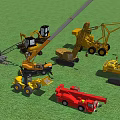 Red And Yellow Cranes At Construction Site With Green Grass And Distant Buildings