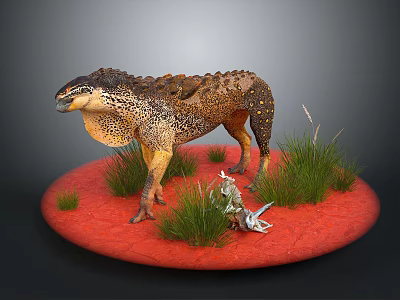 Large Dinosaur Like Reptile Standing On Red Ground With Green Grass And Small Creature 3d model