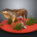 Large Dinosaur Like Reptile Standing On Red Ground With Green Grass And Small Creature