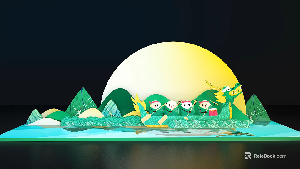 Traditional Dragon Boat Scene With Full Moon Mountains And Rowing People 3d model 