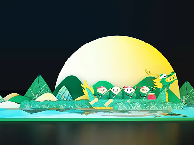 Traditional Dragon Boat Scene With Full Moon Mountains And Rowing People 3d model