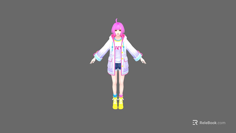Game And Movie Character With Pink Hair White Coat ZET Lettering Blue Shorts Yellow Shoes 3d model 