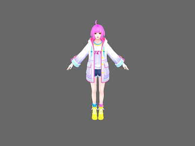 Game And Movie Character With Pink Hair White Coat ZET Lettering Blue Shorts Yellow Shoes 3d model