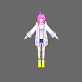 Game And Movie Character With Pink Hair White Coat ZET Lettering Blue Shorts Yellow Shoes