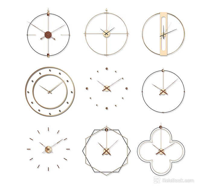Modern Wall Clocks With Various Geometric And Floral Shapes Metal Frames 3d model 