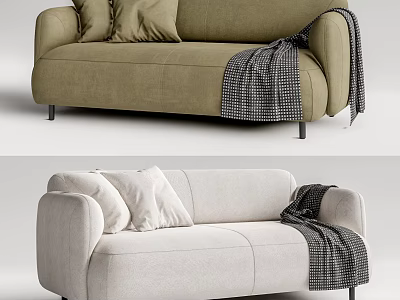 Modern Two Seater Sofa in Olive Green and Beige with Plush Cushions and Checkered Blanket 3d model