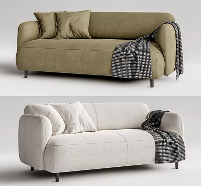 Modern Two Seater Sofa in Olive Green and Beige with Plush Cushions and Checkered Blanket 3d model