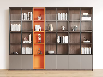Modern Wooden Bookshelf With Glass Doors And Orange Accent For Books And Decorative Items 3d model