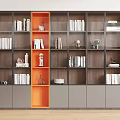 Modern Wooden Bookshelf With Glass Doors And Orange Accent For Books And Decorative Items