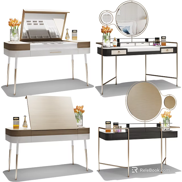 Elegant Modern Dressing Table With Mirror Drawers Flower Vase And Cosmetics 3d model