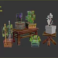 Minecraft Style Potted Plants With Various Types On Wooden Tables And Blocky Design 3d model