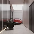 Luxury Modern Garage Interior With White And Red Sports Cars And Sleek Lighting Design