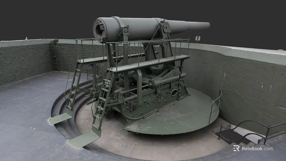 Historic Large Naval Weapon Installed On Circular Rotating Platform With Metal Structure 3d model