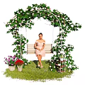 Outdoor Swing Play Equipment with Vine Covered Arch Colorful Flowers Decorative Birdcage and Green Grass