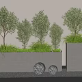 Plant Combination with Various Sized Shrubs Grasses in Grey Rectangular Planters and White Spherical Decorations 3d model