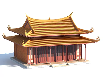 Two Story Traditional Chinese Ancient Architecture With Yellow Tiled Roof Upturned Eaves And Red Pillars 3d model