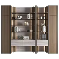 Modern Wooden Decorative Cabinet Featuring Open Shelves Books Vases And Drawers