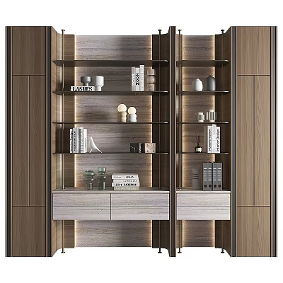 Modern Wooden Decorative Cabinet Featuring Open Shelves Books Vases And Drawers 3d model