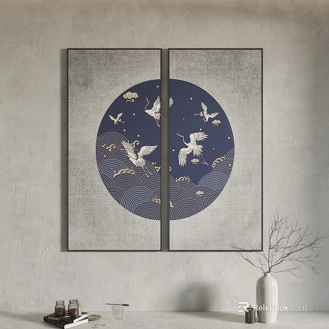 Two Panel Circular Wall Art With White Cranes Clouds Wave Patterns And Dark Blue Background 3d model