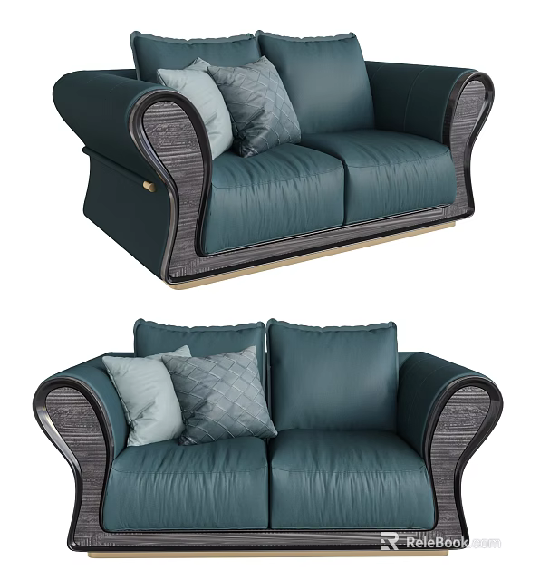 Stylish Modern Teal Leather Two Seater Sofa With Accented Armrests And Decorative Pillows 3d model 