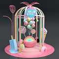 Sweet Treats Display With Pink Cage Shaped Structure Featuring Ice Cream Lollipop Donut Rainbow Balloons