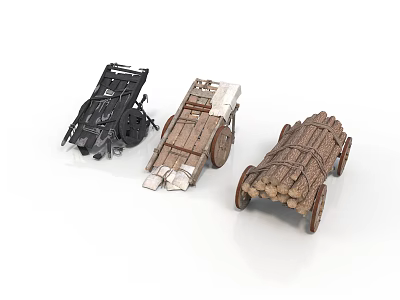 Antique Wooden And Metal Carts With Log Loaded Design On White Background 3d model