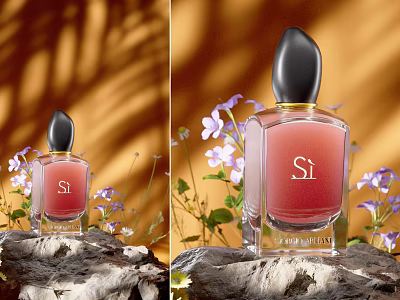 Giorgio Armani Si Perfume Bottle with Purple Flowers Green Leaves on Wooden Surface Warm Background 3d model