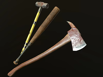 Sturdy Hardware Tools Featuring Hammer With Yellow Black Handle And Axe Wooden Grip Metal Head 3d model