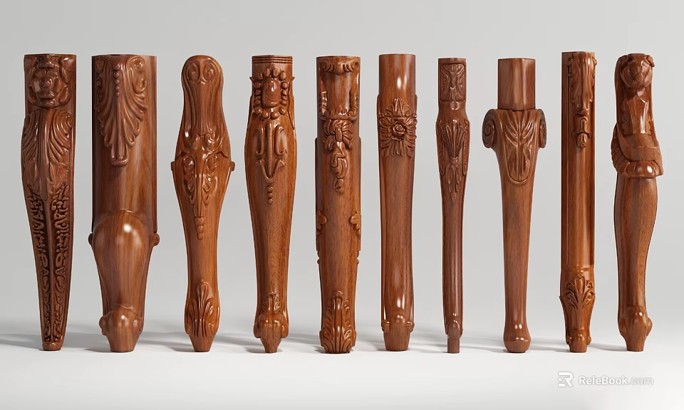 Decorative Wooden Columns with Intricate Carved Patterns and Various Designs 3d model 