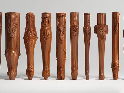 Decorative Wooden Columns with Intricate Carved Patterns and Various Designs 3d model