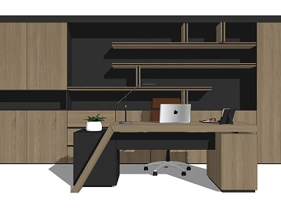 Modern Office Desk Setup With Wooden Cabinets Shelves Laptop Desk Lamp And Potted Plant 3d model