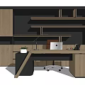 Modern Office Desk Setup With Wooden Cabinets Shelves Laptop Desk Lamp And Potted Plant