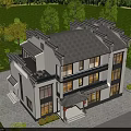 Chinese Style Detached Villa Exterior Design With Three Story Structure Illuminated Windows And Greenery Surroundings