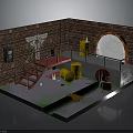 Industrial Brick Walled Room With Metal Staircase Yellow Barrels And Round Archway