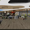 Modern Café Interior With Wooden Ceiling Green Plants Seating Area And Decorative Stalls