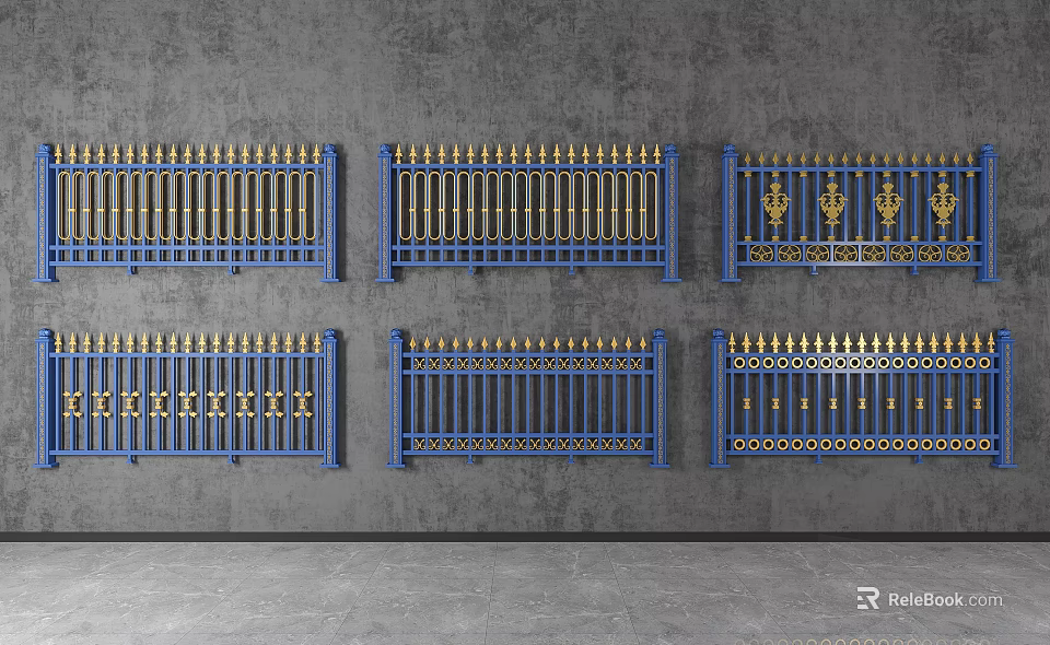 Blue Metal Fences In Various Styles With Golden Accents And Ornate Patterns 3d model 