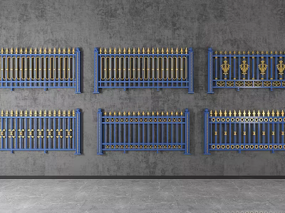 Blue Metal Fences In Various Styles With Golden Accents And Ornate Patterns 3d model