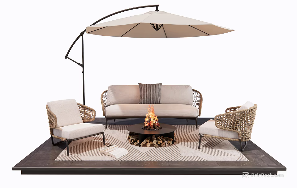 Outdoor Sofa with Fire Pit Wicker Chairs Cantilever Umbrella Area Rug for Relaxing Patio 3d model 