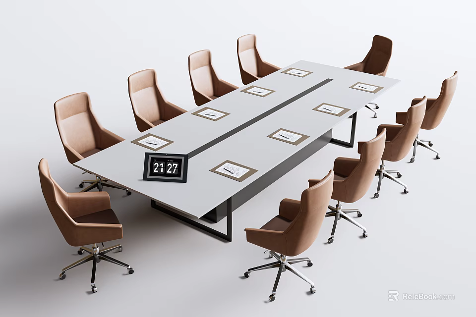 Modern Long Conference Table with Brown Chairs White Mats and Digital Clock 3d model