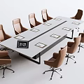 Modern Long Conference Table with Brown Chairs White Mats and Digital Clock 3d model
