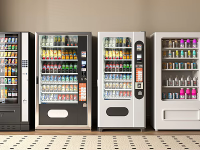 Row of Vending Machines Stocked with Assorted Bottled and Canned Drinks in Indoor Setting 3d model