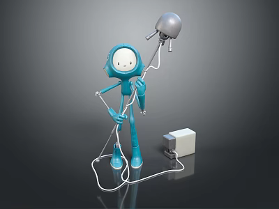 Blue Humanoid Sculpture Holding Silver Helmet Like Object With White Cables Connected To Square Device 3d model
